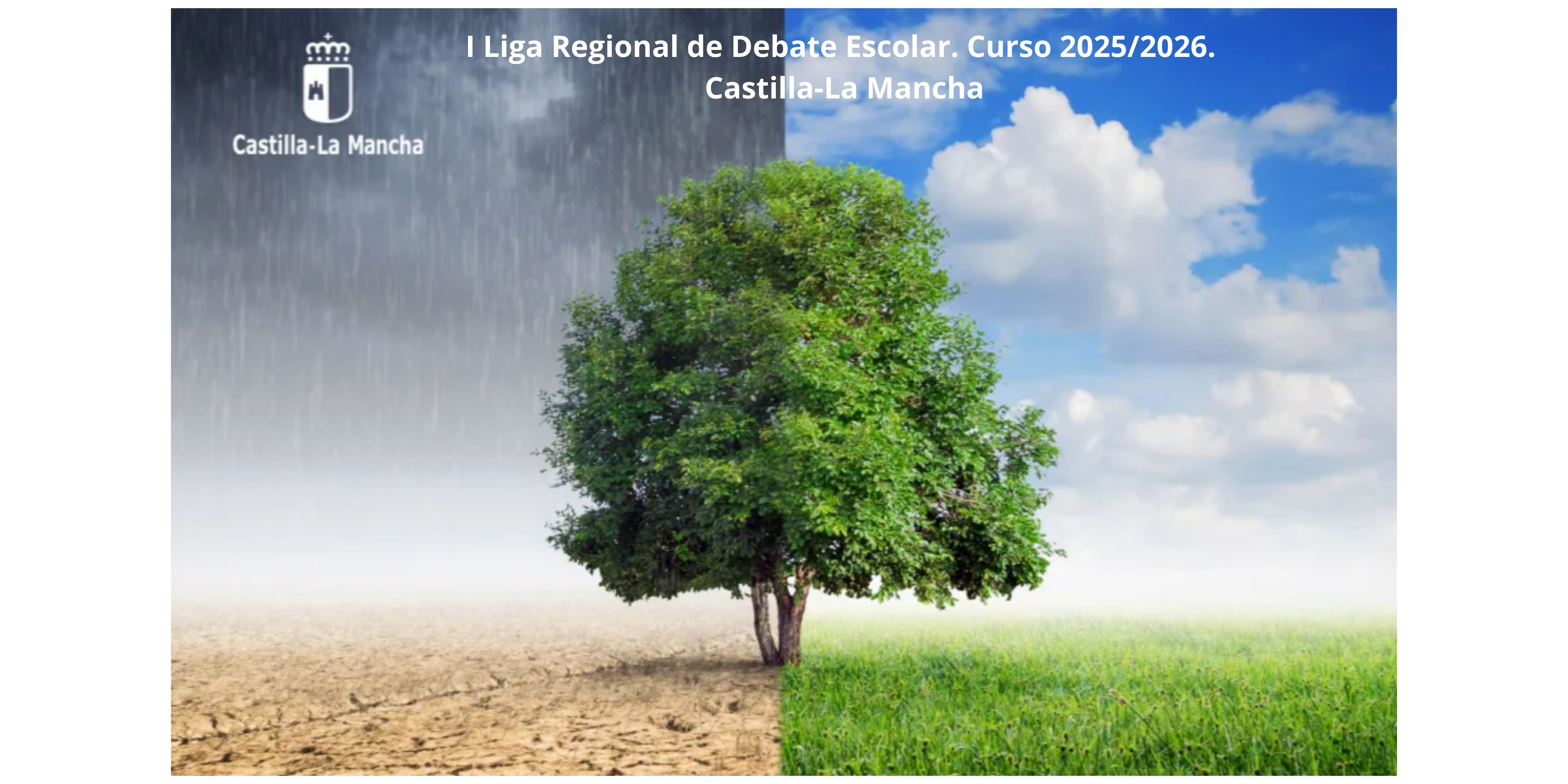 Cartel del concurso  en el que se ve un árbol y dos escenas de paisaje, uno fértil y otro seco