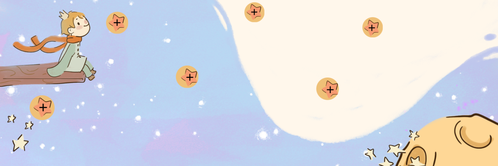 El principito sentado con la luna y estrellas