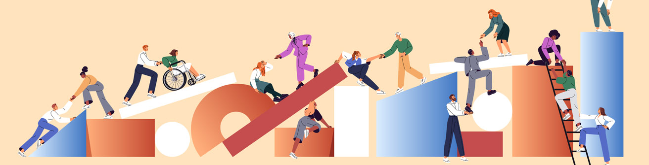 Personas trepando por bloques geométricos