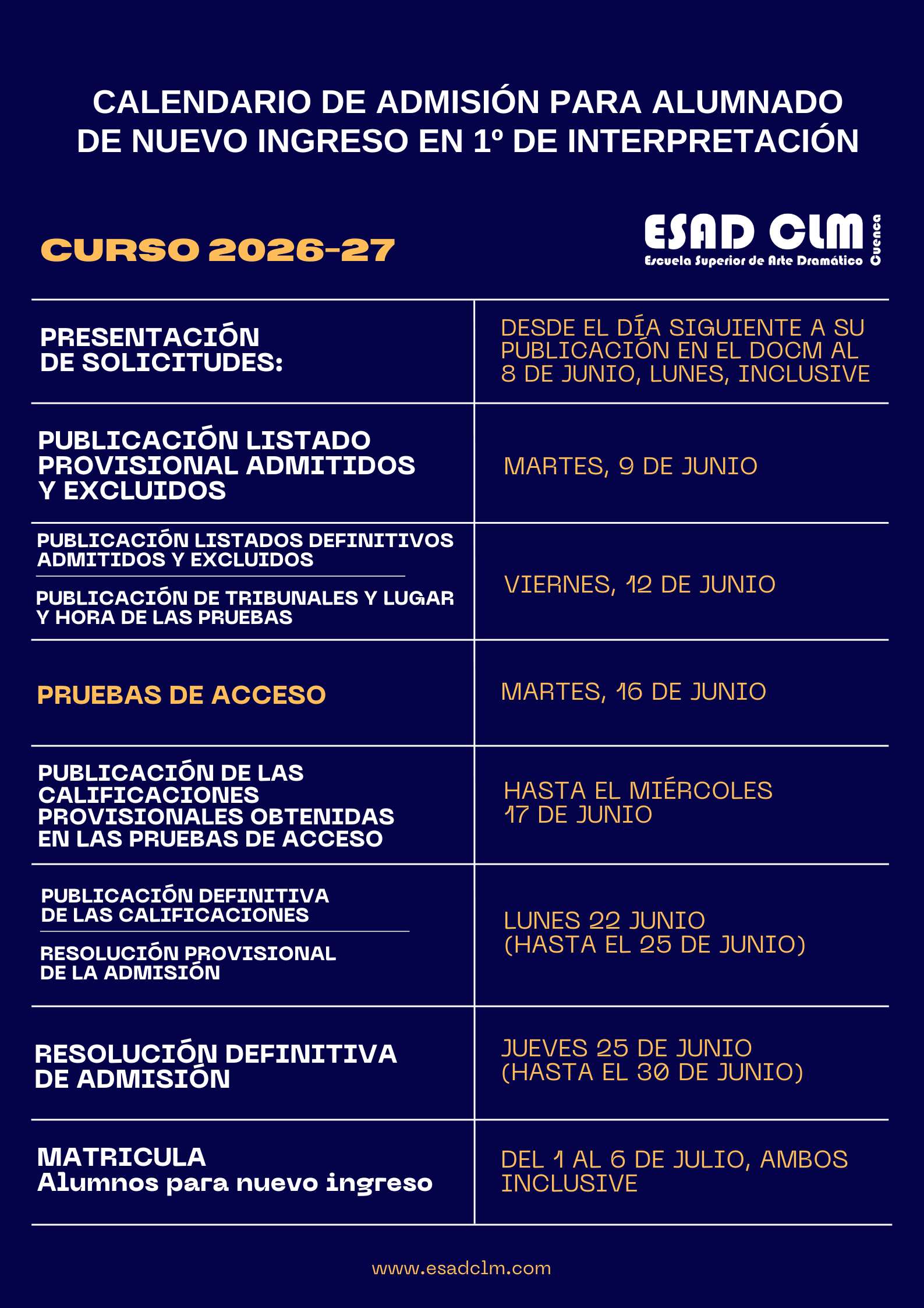 Calendario de Admisión para nuevo alumnado