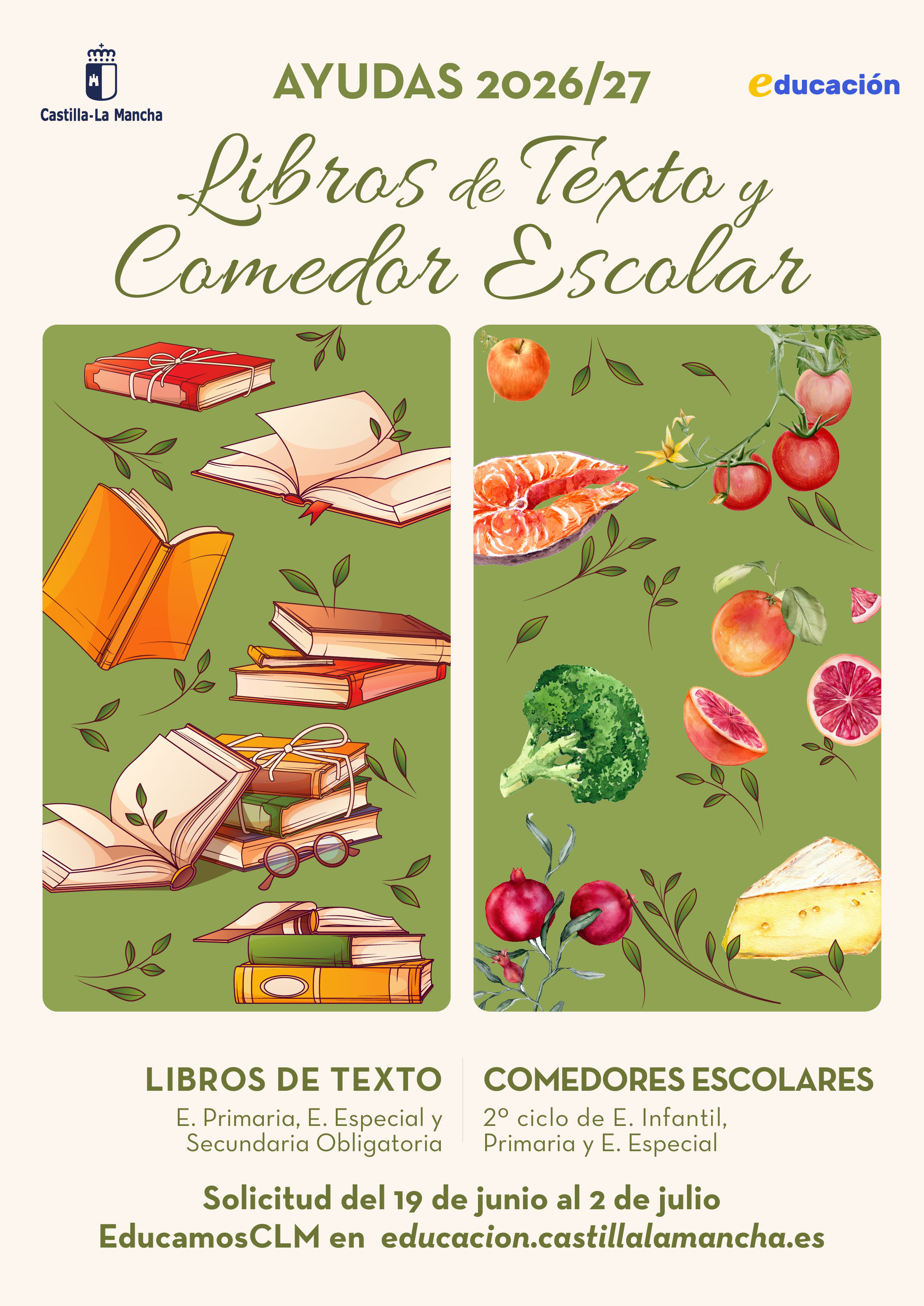 Cartel de ayudas parra libros y comedor con dibujos referentes a comida y libros