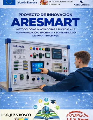 Cartel del proyecto ARESMART sobre automatización y sostenibilidad en edificios inteligentes, con un estudiante usando un panel domótico y logos inst