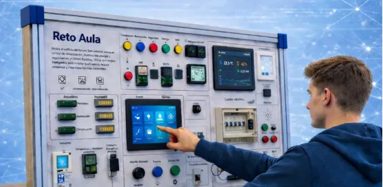 Cartel del proyecto ARESMART sobre automatización y sostenibilidad en edificios inteligentes, con un estudiante usando un panel domótico y logos inst