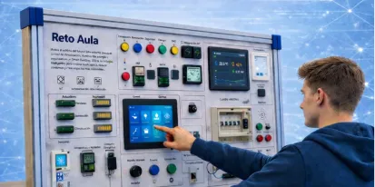 Cartel del proyecto ARESMART sobre automatización y sostenibilidad en edificios inteligentes, con un estudiante usando un panel domótico y logos inst