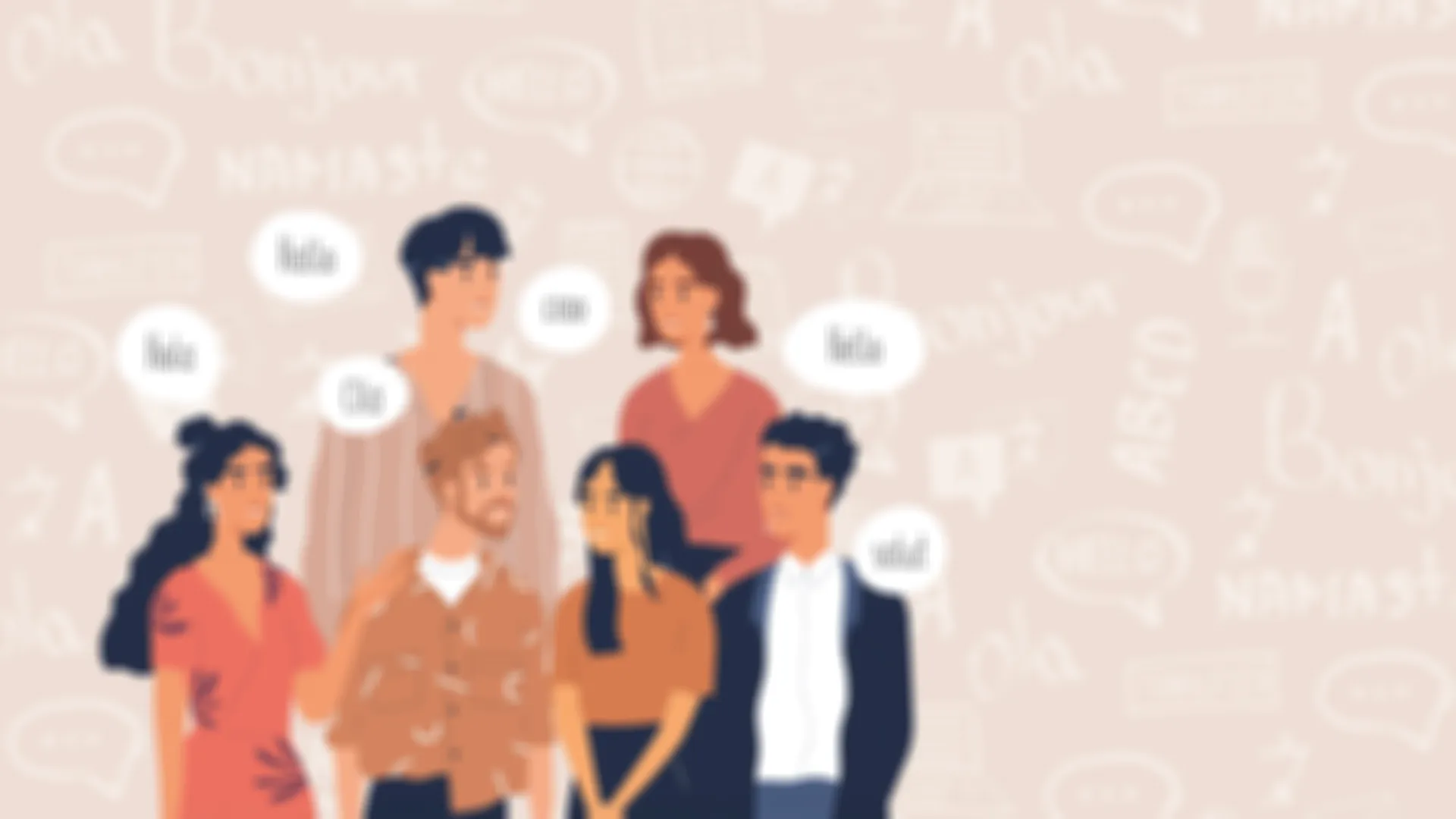 Grupo de gente con bocadillos saludando en idiomas