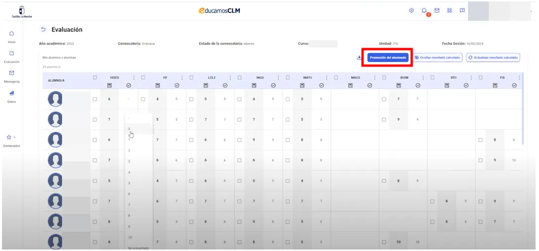 72. ¿Se puede indicar la promoción y/o titulación desde el cuaderno de evaluación? Imagen 1