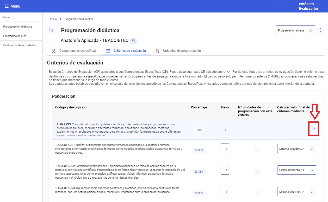 14. Estoy accediendo a “Criterios de evaluación” y, sin embargo, se me muestran las competencias específicas. ¿Qué está ocurriendo?  Imagen 1
