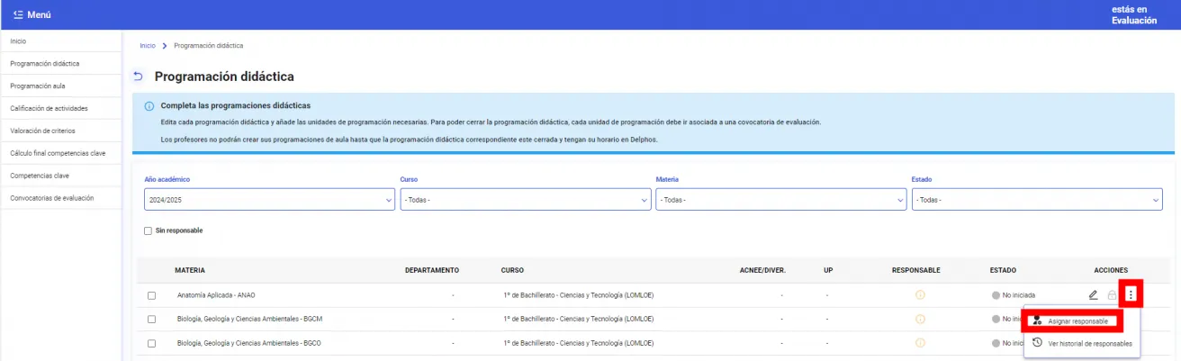 7. ¿Cómo se configura el responsable de la elaboración de la programación didáctica? Imagen 1
