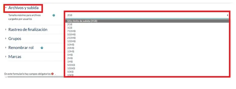 34. ¿Cómo establezco el tamaño máximo de los archivos que, en general, se pueden subir en un curso? Imagen 2