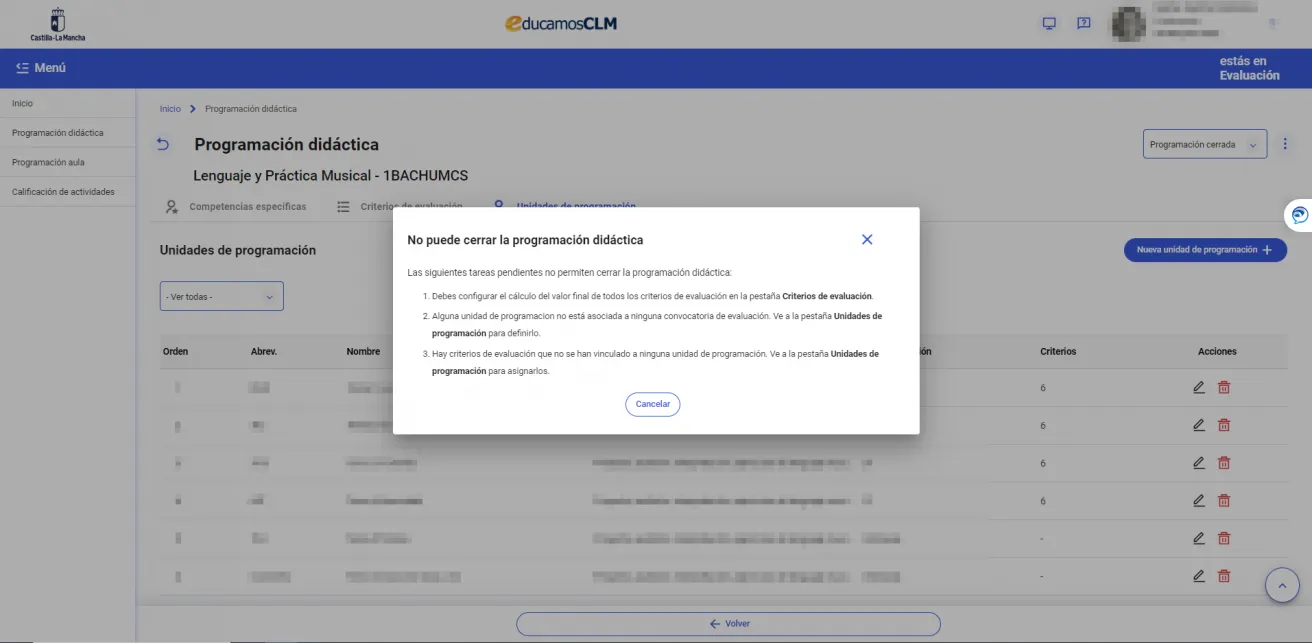 26. El sistema no me permite cerrar la programación didáctica. ¿Qué está ocurriendo? Imagen 1