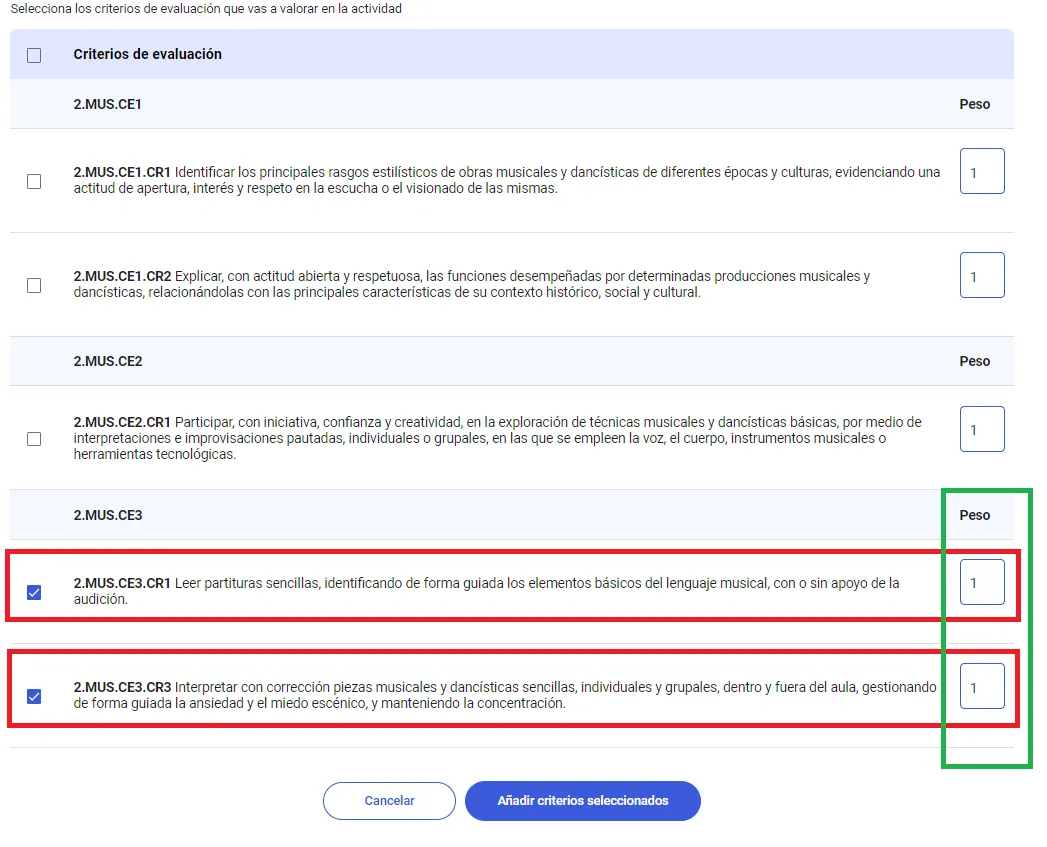 39. ¿Se pueden ponderar el peso de las actividades dentro de un criterio de evaluación? Imagen 3