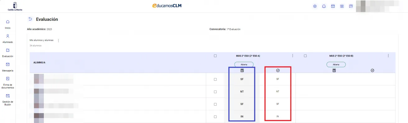 68. ¿Qué diferencia hay entre las dos columnas que aparecen en el apartado “Convocatorias de evaluación”? Imagen 1