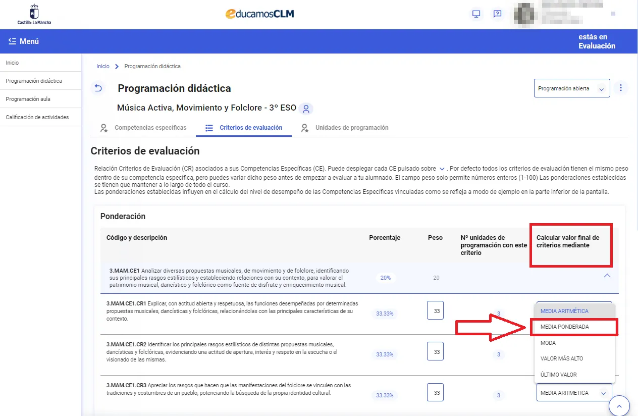 39. ¿Se pueden ponderar el peso de las actividades dentro de un criterio de evaluación?