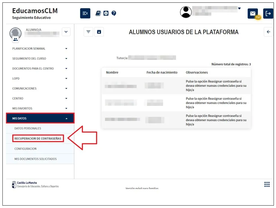 Recuperación de contraseña a través de la cuenta de madre, padre o tutor legal. Imagen 1