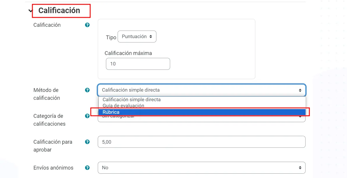 74. ¿Cómo configuro una tarea para calificarla usando rúbricas? Imagen 1
