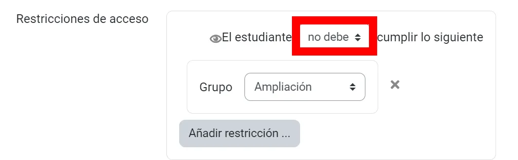 85. ¿Cómo hago para que a una actividad o recurso puedan acceder todos los participantes menos los de un grupo? Imagen 1