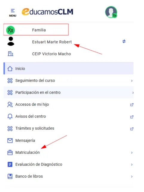 Apartados para acceder señalados con flechas