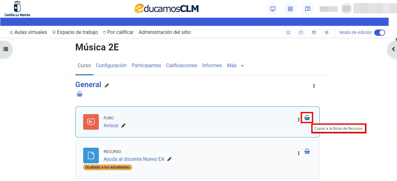 40. ¿Cómo copio los recursos entre mis cursos? Bolsa de recursos. Imagen 1