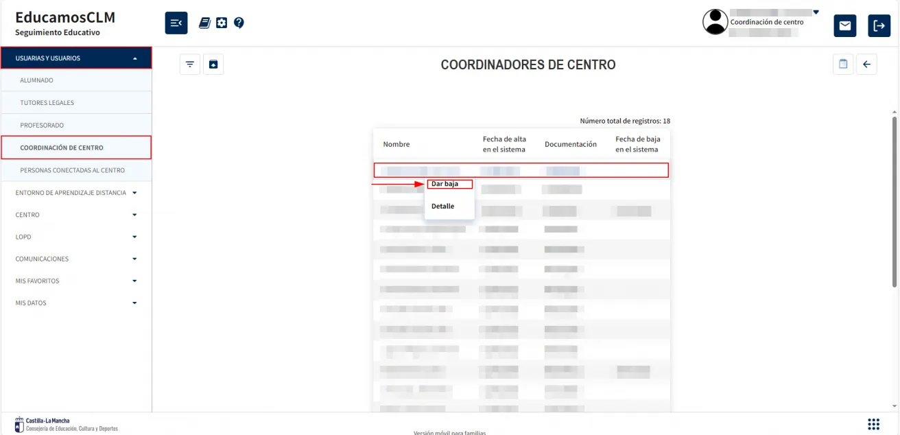 ¿Cómo se dan de baja a un coordinador o coordinadora de centro? Imagen 1