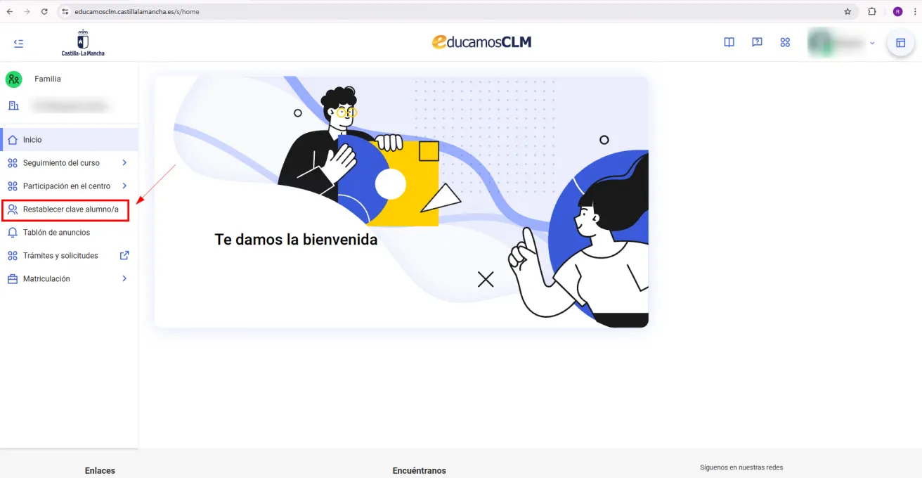 Restablecer clave alumno/a EducamosCLM escritorio