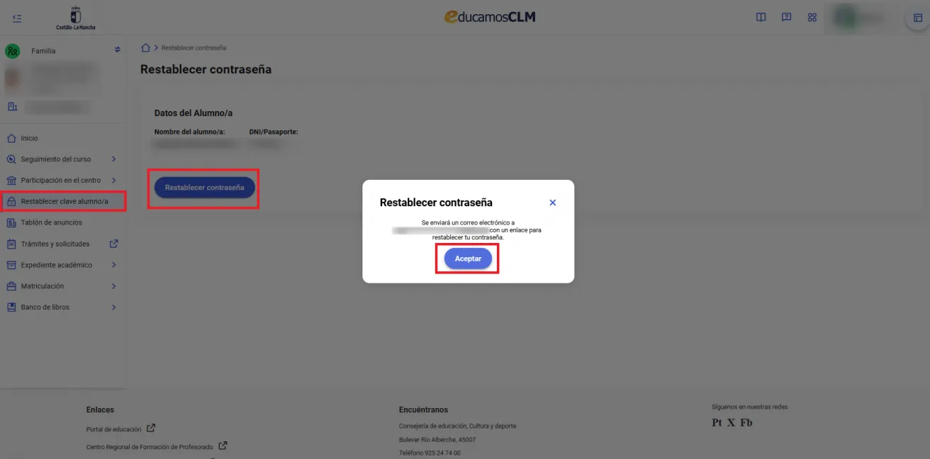 Restablecer clave alumno/a EducamosCLM paso 2